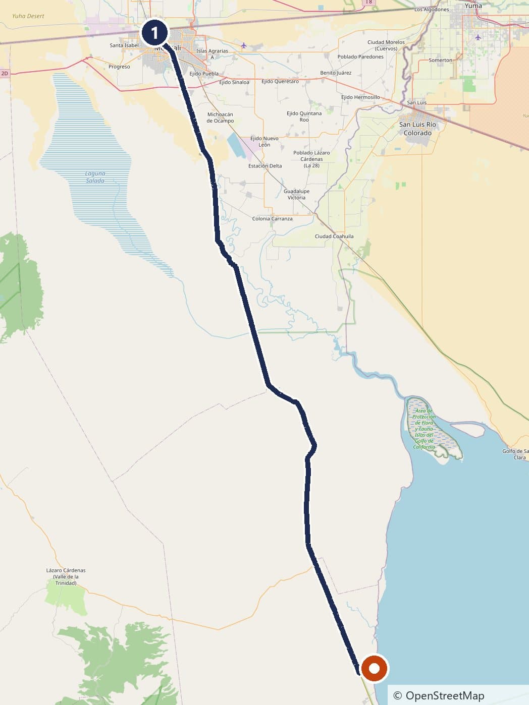 Mapa de la ruta Mexicali directo