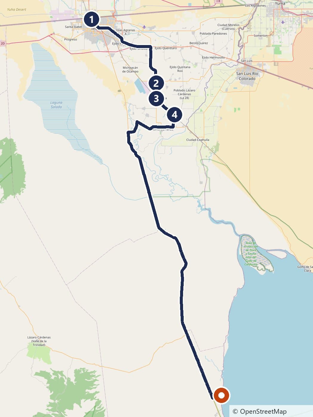 Mapa de la ruta Mexicali por el valle